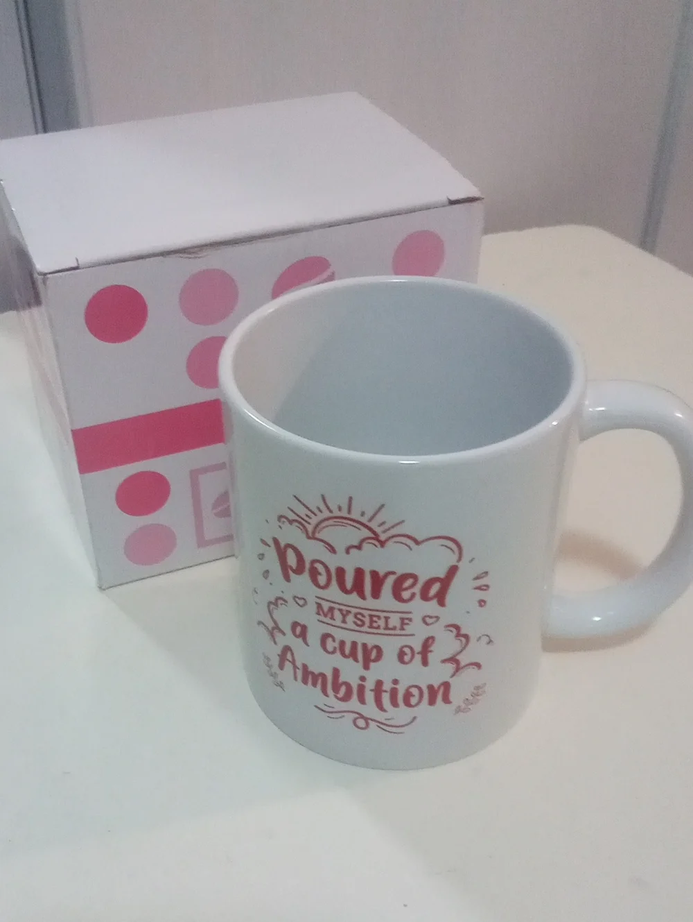 * White Ceramic Mug Pink Script 